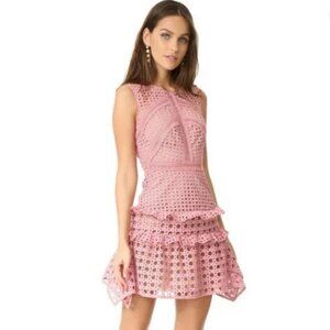 Self-Portrait Crosshatch Pink Frill Mini Dress in Guipure Lace US 6 NWT